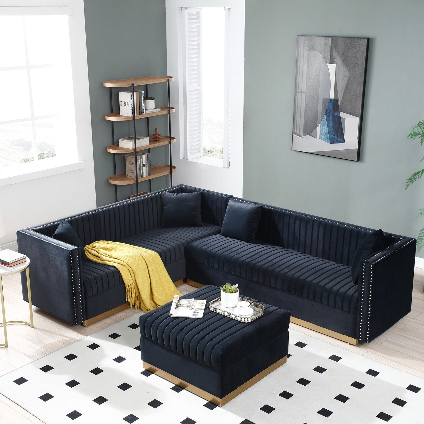 Contemporary Vertical Channel Tufted Sectional Sofa For Living Room Apartment With Ottoman And 4 Pillows