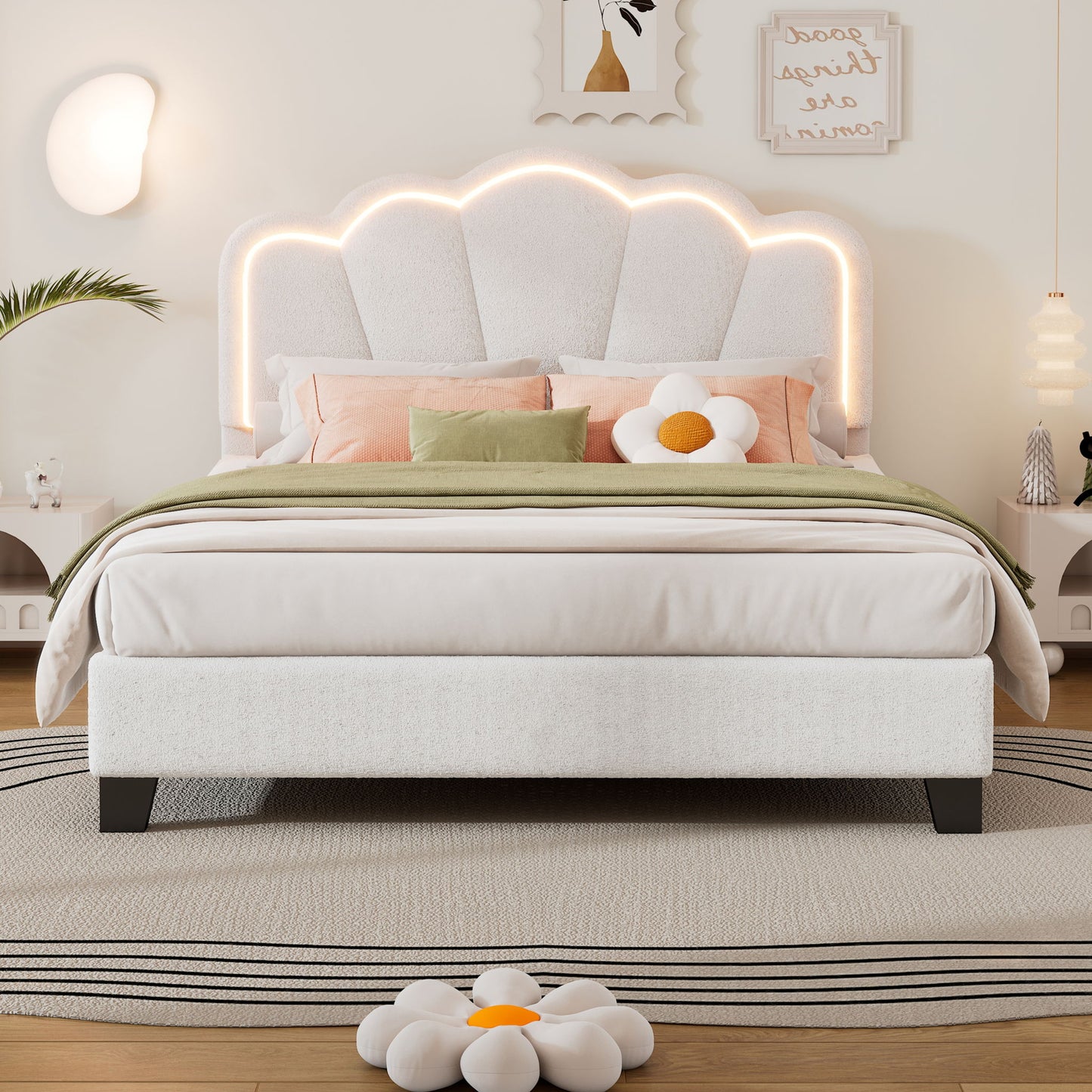 Upholstered Elegant Flowers Headboard With LED Light Strip, Platform Bed With Slats Support