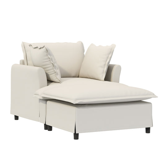 Oversized Chaise Lounge Indoor Single Sofa Bed With Wide Seat, Upholstered Lazy Sleeper Armchair With Movable Ottoman Reading Couch Set - Beige