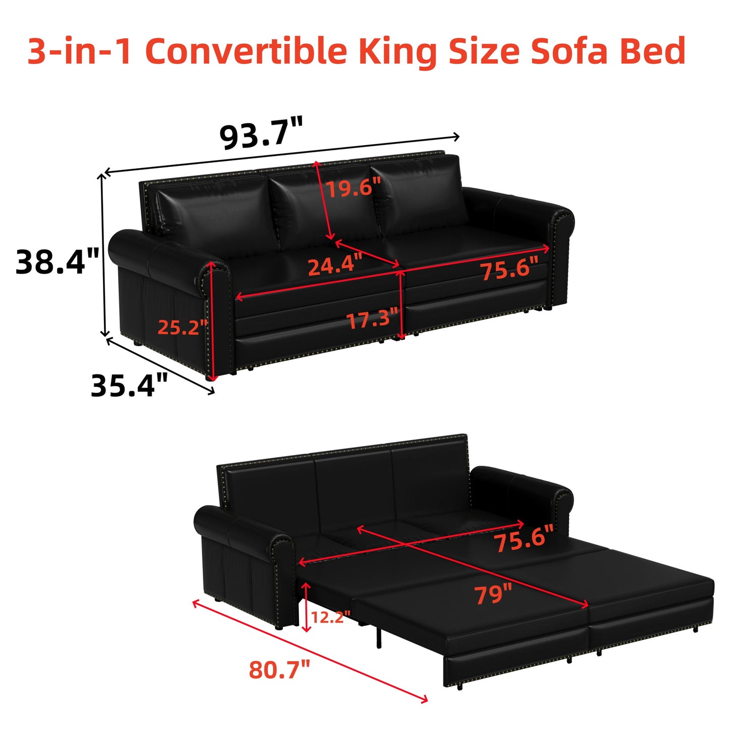3 In 1 Convertible Sleeper Sofa With Nailhead Trim & Rolled Arm