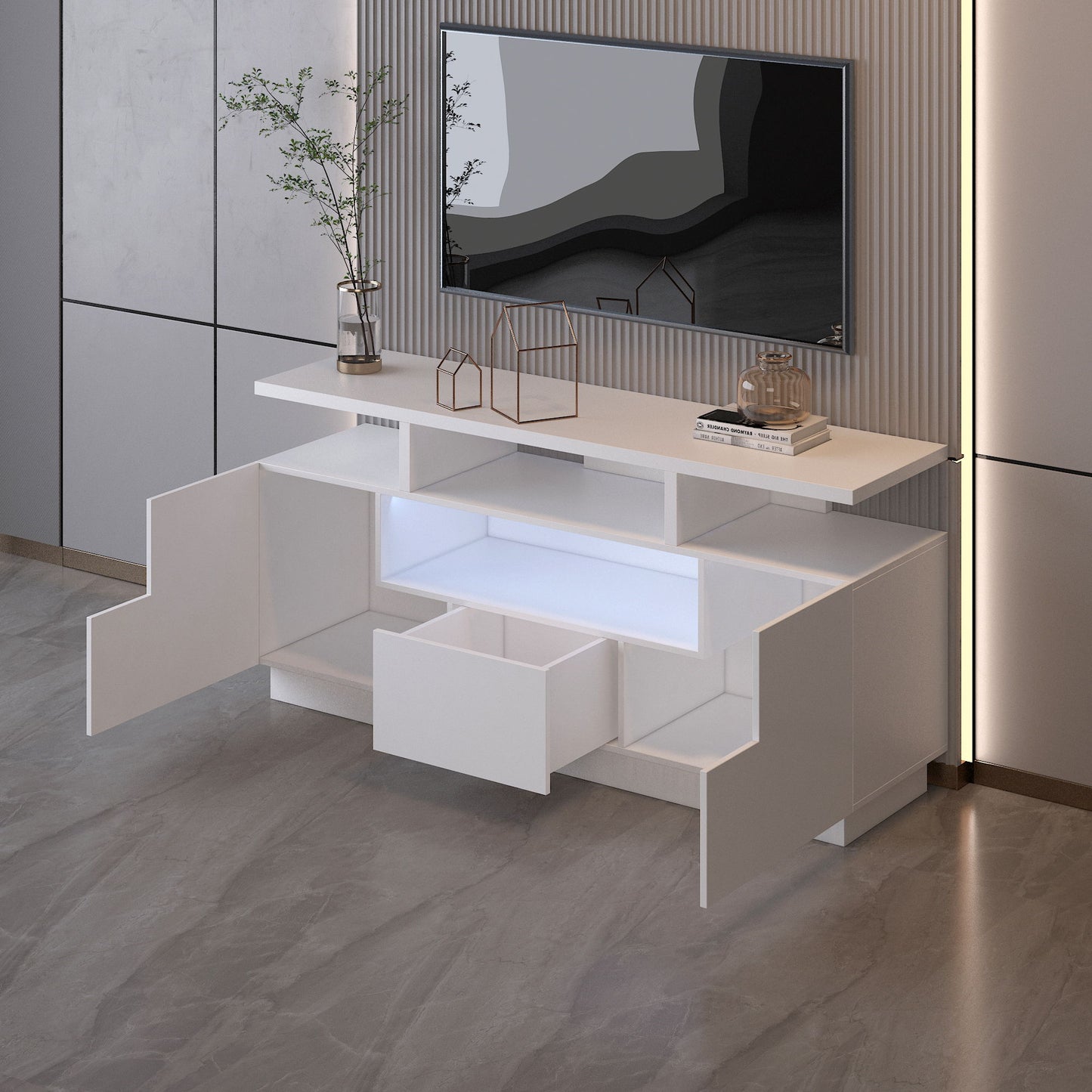 Alexa - Contemporary TV Stand With Lights In Glossy Melamine - White