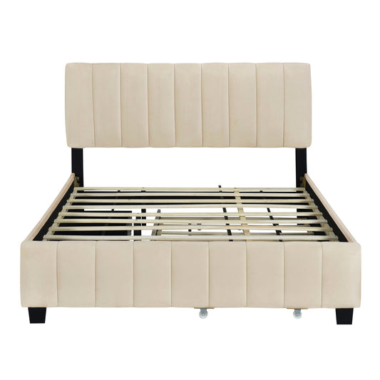 Queen Platform UpholsteredBed With 2 Drawers And Twin Long Trundle - Beige