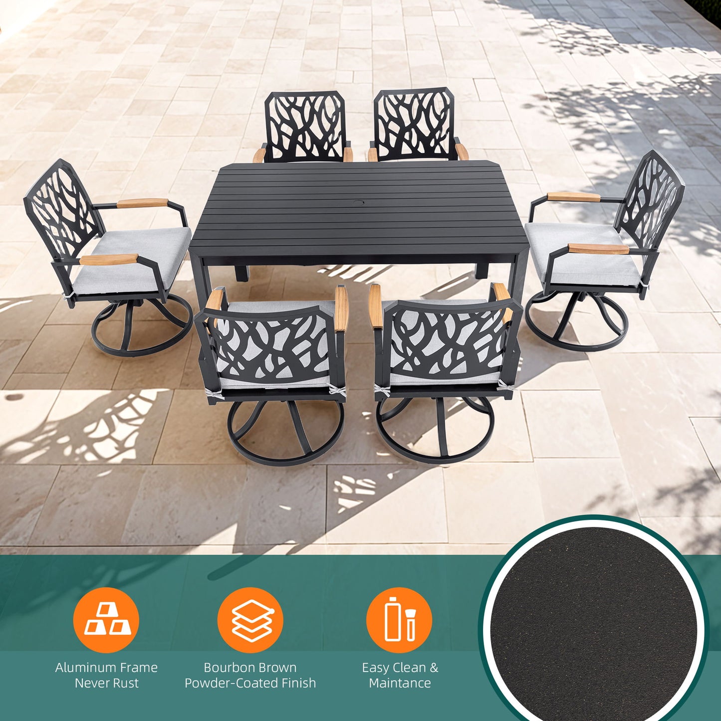 7 Pieces Outdoor Patio Furniture Set, Modern Dining Set With 6 Swivel Rockers Sunbrella Fabric, Rectangular Table With Umbrella Hole - Bourbon Brown