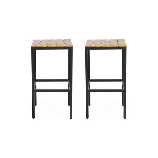 Outdoor Bar Stool With Slat Design And Metal Frame (Set of 2) - Teak / Black