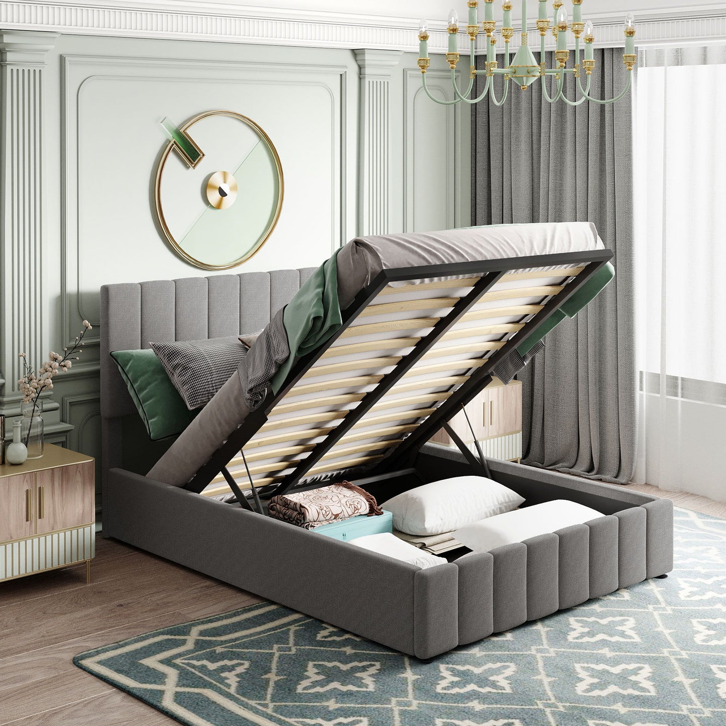 Elegant Upholstered Platform Bed With Hydraulic Storage System
