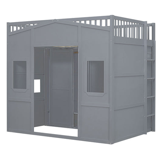 Full Size Loft Stylish Bed With Ladder And Wardrobe - Gray