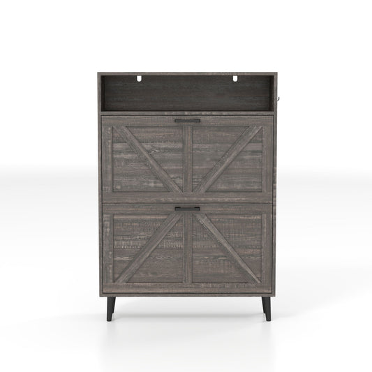 Farmhouse Shoe Storage Cabinet With Barn Door Design, 2 Flip Drawers, Hooks - Dark Oak