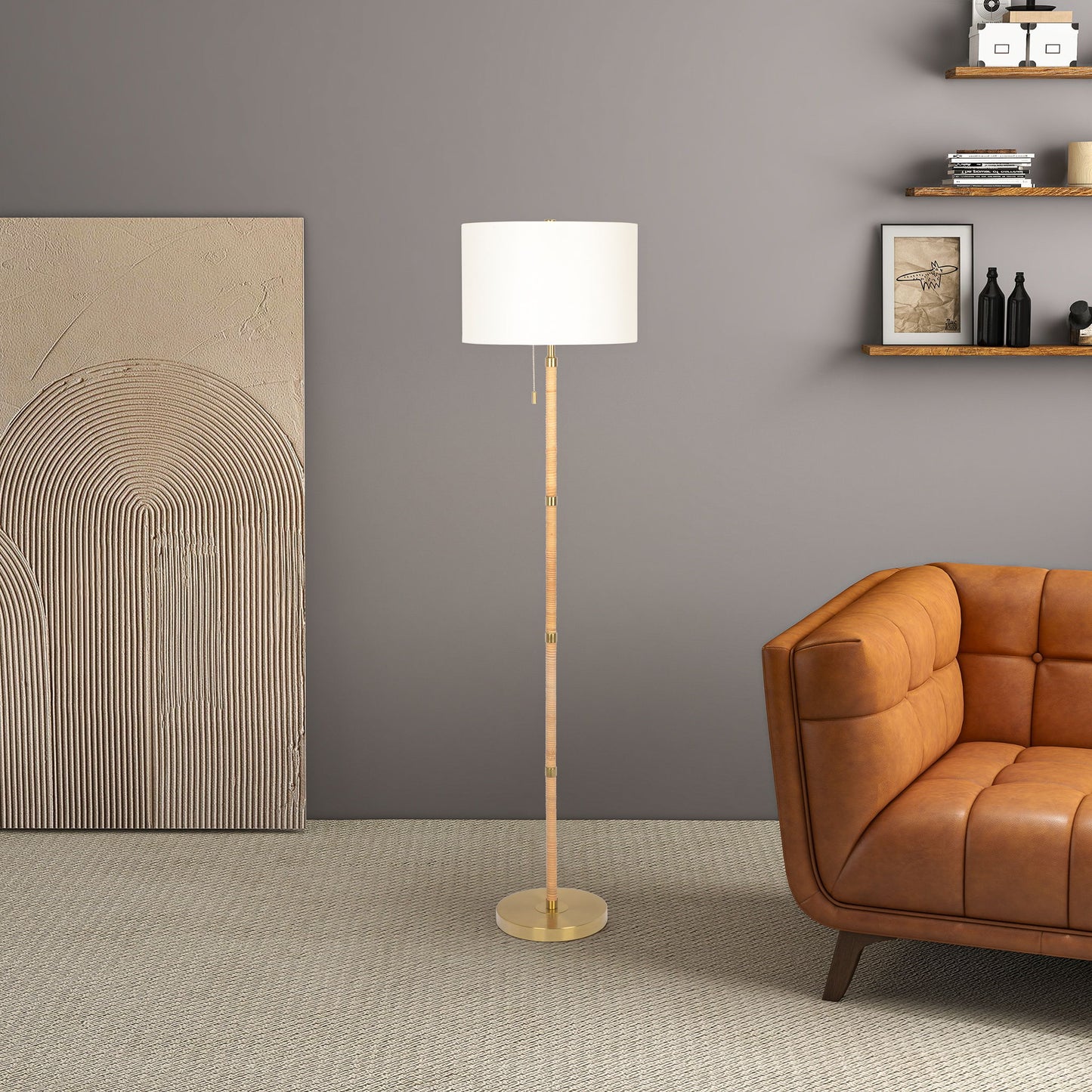 Stellar - Linen Shade Floor Lamp - Gold / Natural Wood / Rattan / White