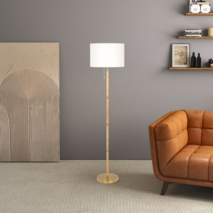 Stellar - Linen Shade Floor Lamp - Gold / Natural Wood / Rattan / White