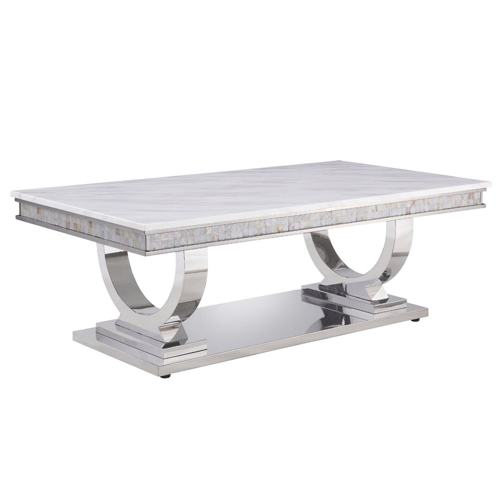Zander - Coffee Table - White Printed Faux Marble Top & Mirrored Silver