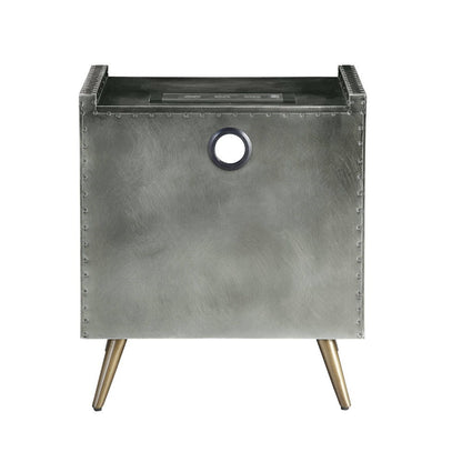 Doris - Nightstand With USB & Electric Lock - Gray Top Grain Leather & Aluminum