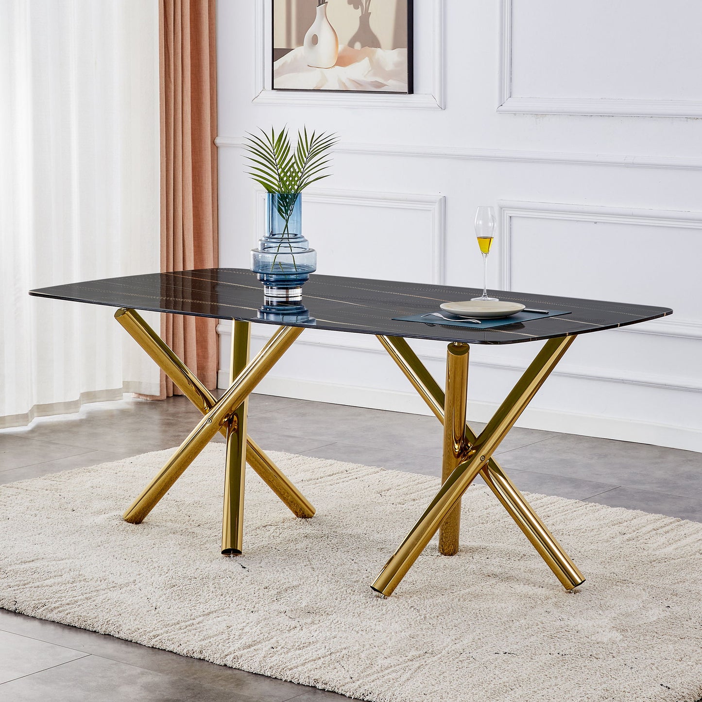 Modern Minimalist Rectangular Dining Table With Imitation Marble Glass & Metal Legs - Black / Gold