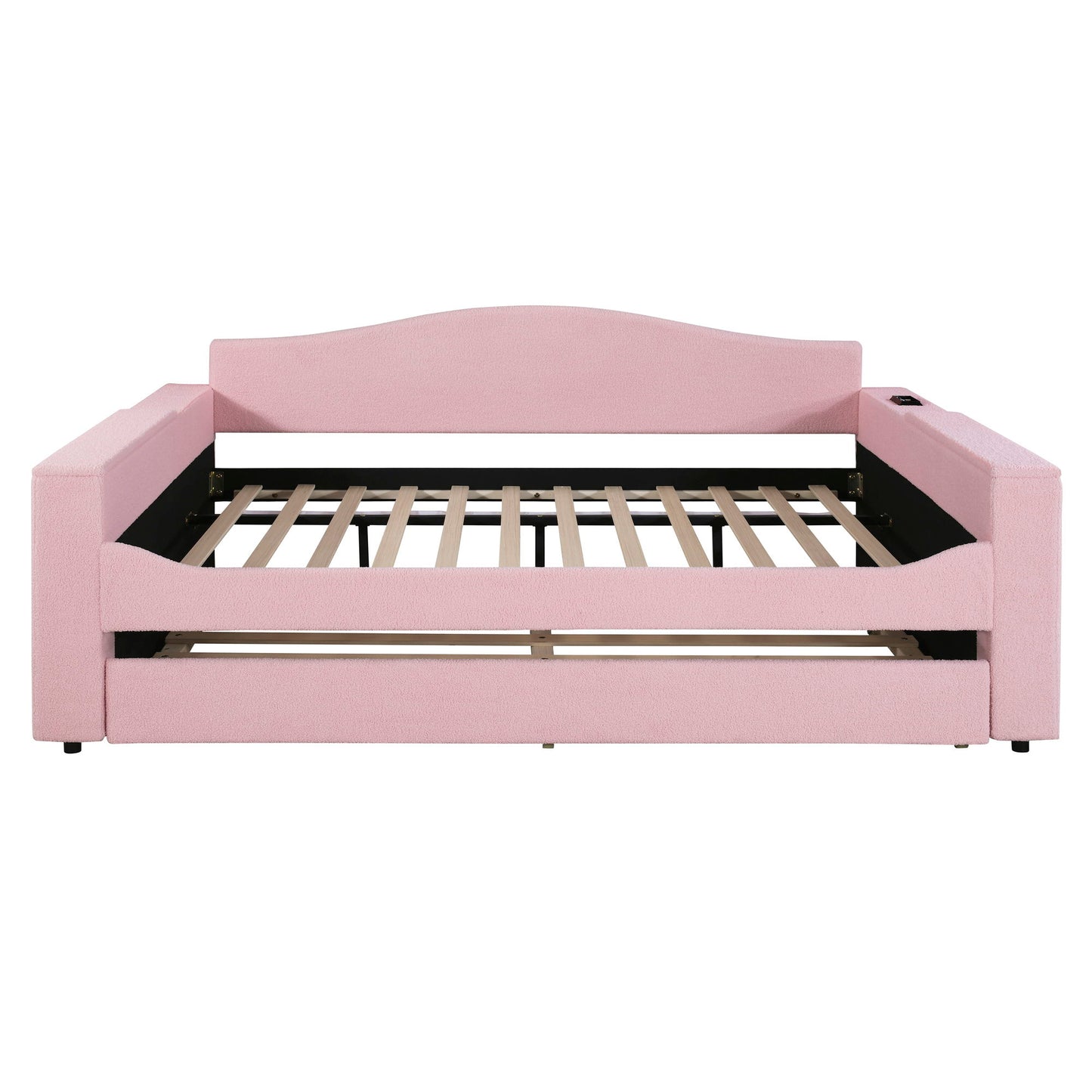 Full Size Upholstered Daybed With Storage Armrests, Trundle And Latest Integrated Bluetooth Audio System, Teddy Fleece - Pink
