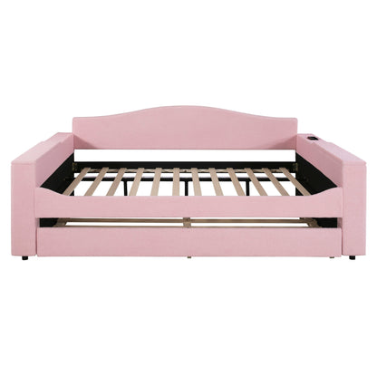 Full Size Upholstered Daybed With Storage Armrests, Trundle And Latest Integrated Bluetooth Audio System, Teddy Fleece - Pink