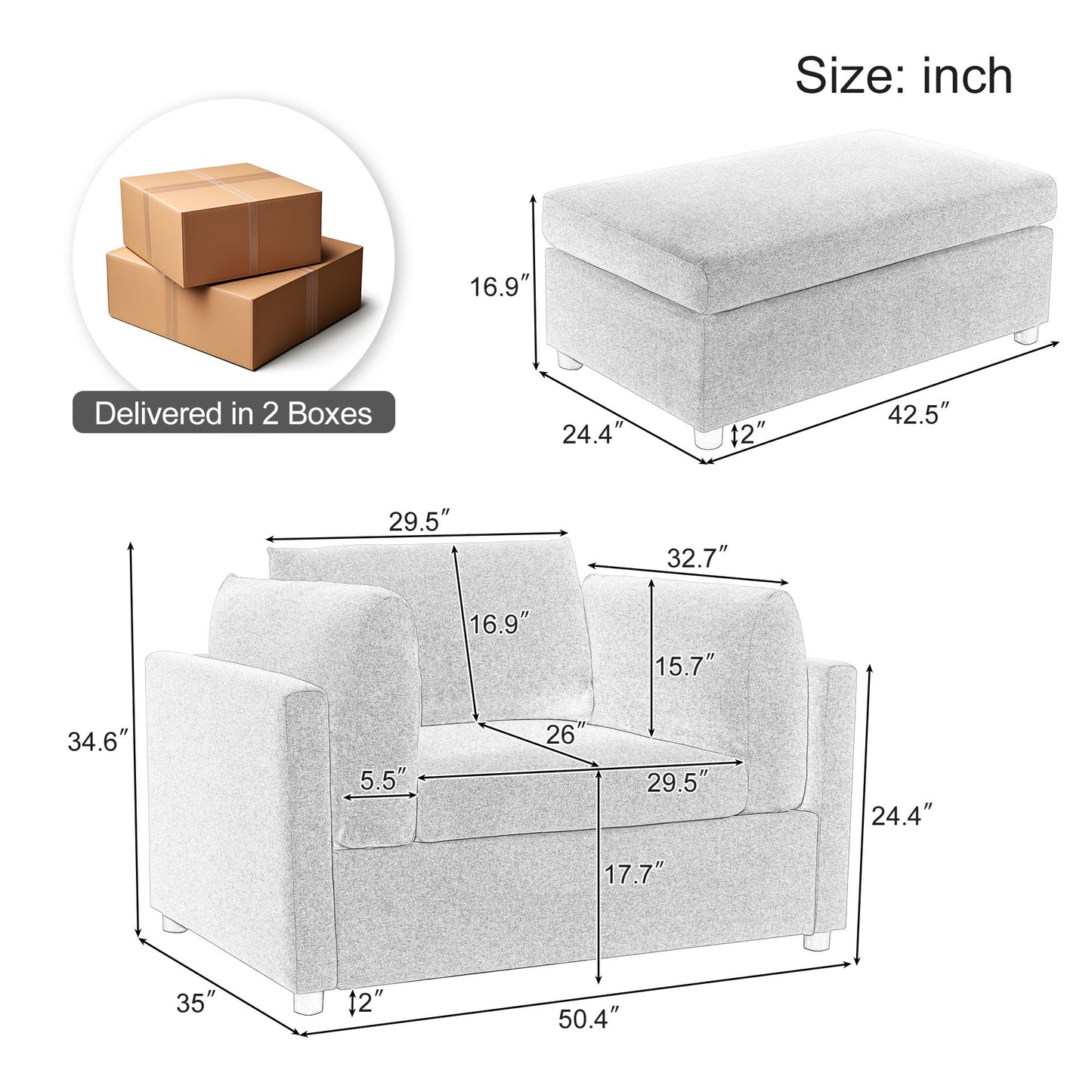 Wide Modern Oversized Armchair With Ottoman Stool, Single Sofa With Lumbar Support, Accent Chair