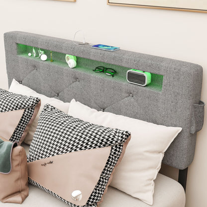 Bed With USB Charging Station, LED Lights, Headboard & Storage Drawers