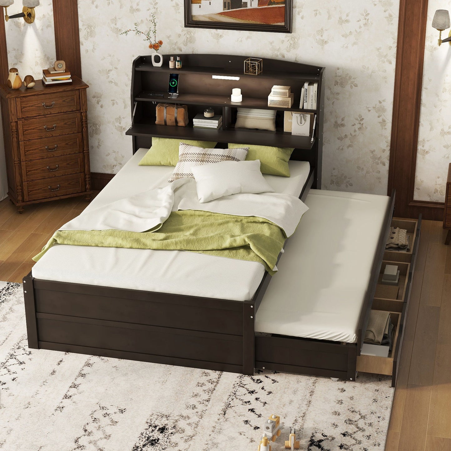 LED Platform Bed With Trundle With Storage Headboard With Drawers