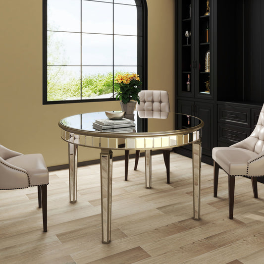 Round Glass Dining Table With Mirror Top - Silver