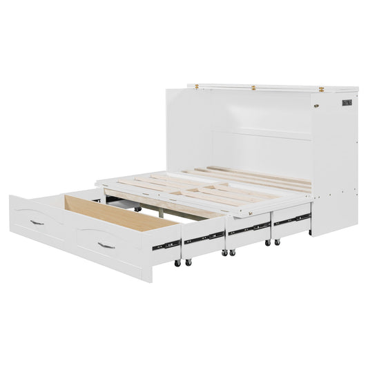 Queen Size Murphy Wall Bed With Drawer And A Set Of Sockets & USB Ports, Pulley Structure Design - White