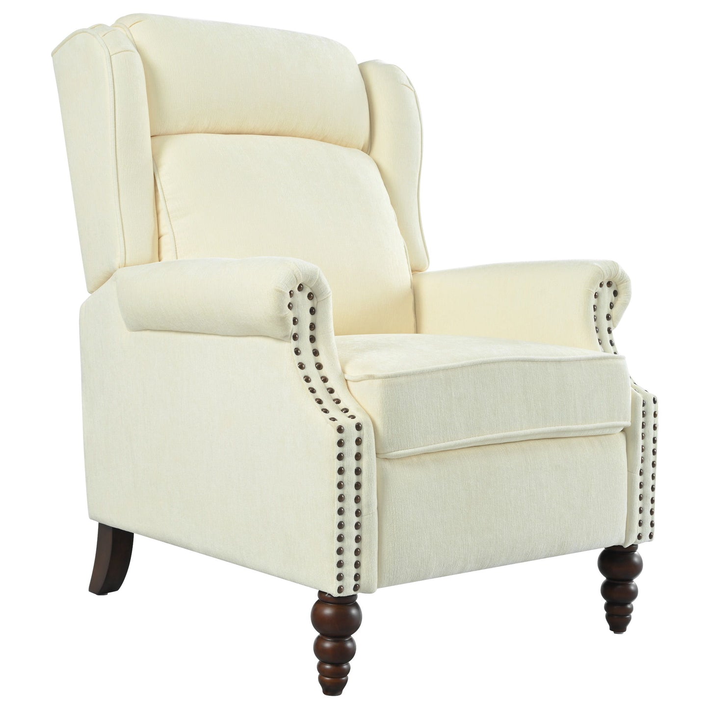 Push Back Recliner Chair Upholstered With Classic Wing Back And Solid Gourd-Shaped Legs For Living Room - Beige