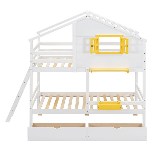 Twin Over Twin Bunk Bed With Playhouse Roof And Window - White