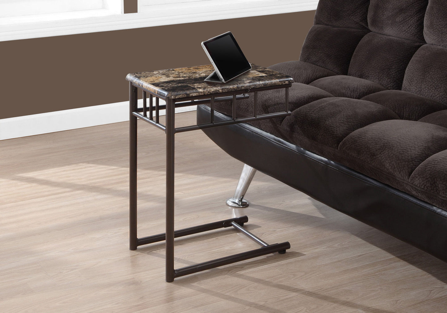 C-Shaped Accent Table Marble Look For Living Room - Espresso