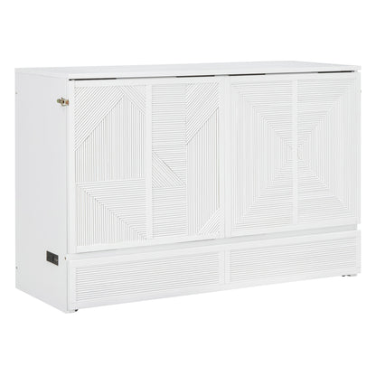 Queen Size Murphy Bed With Large Drawer, USB Ports And Outlets - White