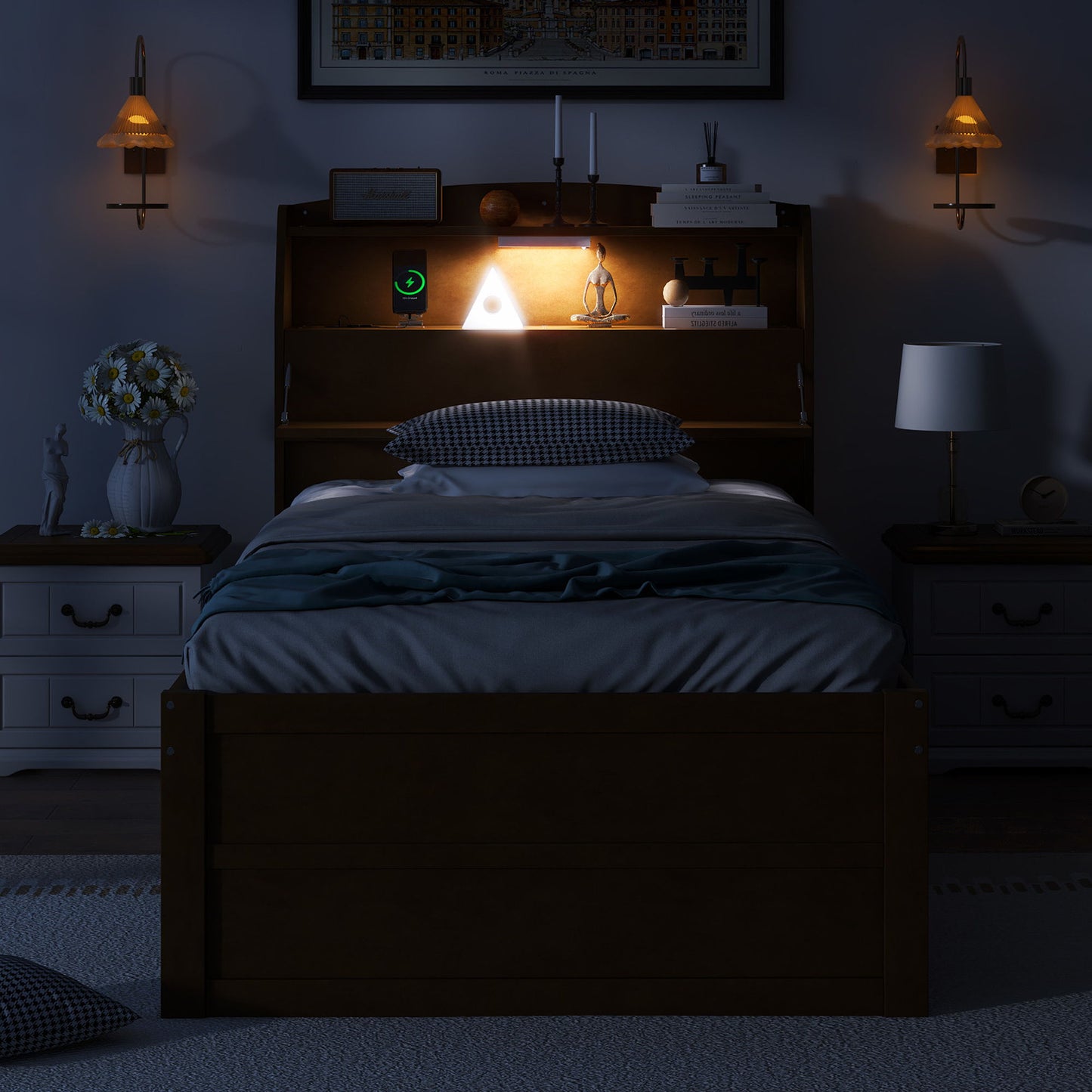 LED Platform Bed With Trundle With Storage Headboard With Drawers