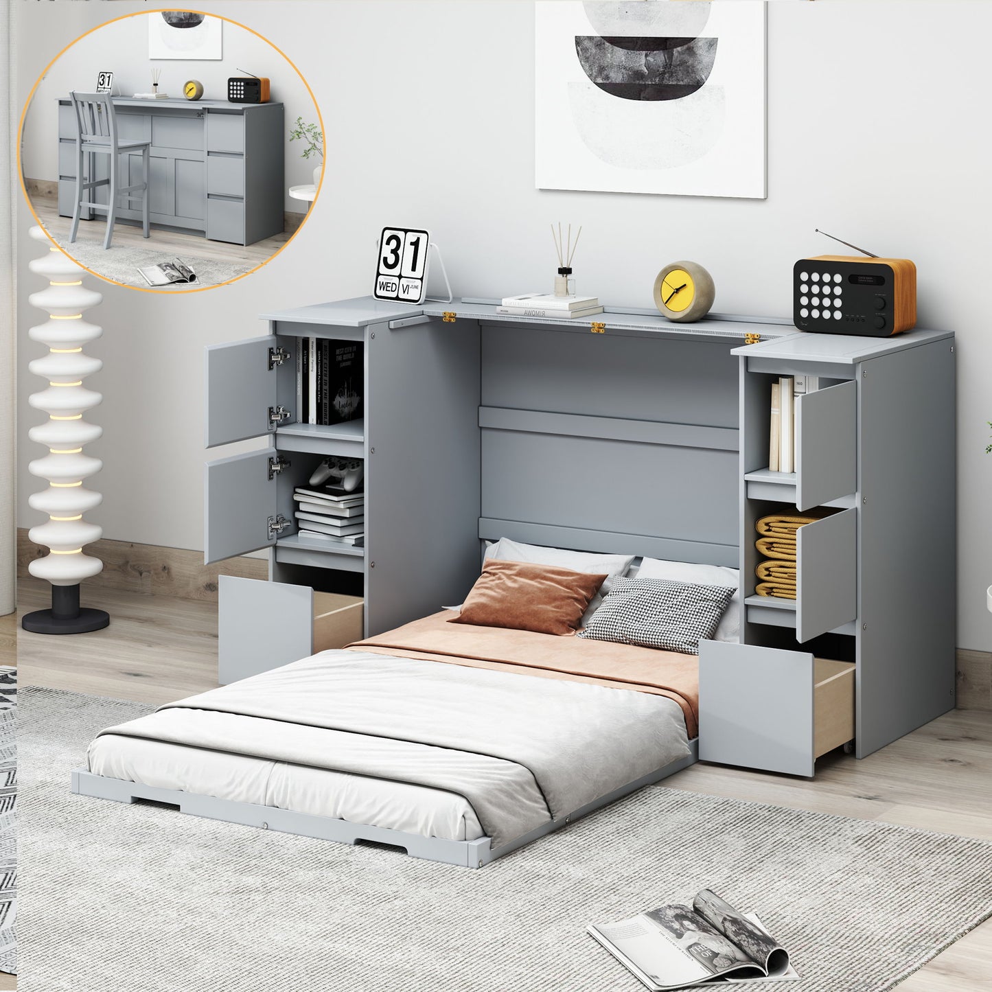 Murphy Bed With Drawers, Cabinets, And USB Ports