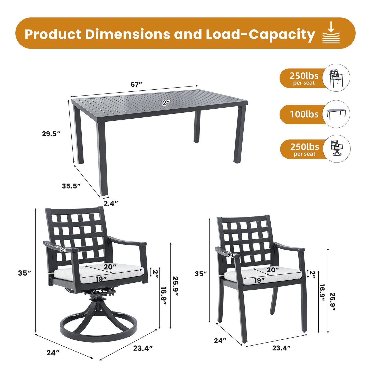 7 Pieces Modern Classic Outdoor Patio Dining Set With Rectangular Table, 6 Chairs, Cast, Sunbrella Cushions - Ember Black