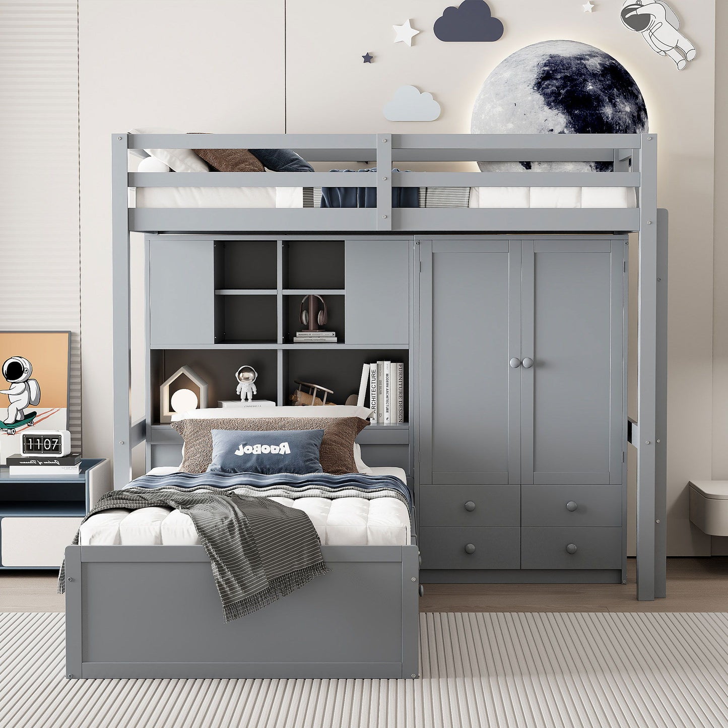 Bunk Bed With Drawers, Wardrobe, Storage Shelves And Hydraulic