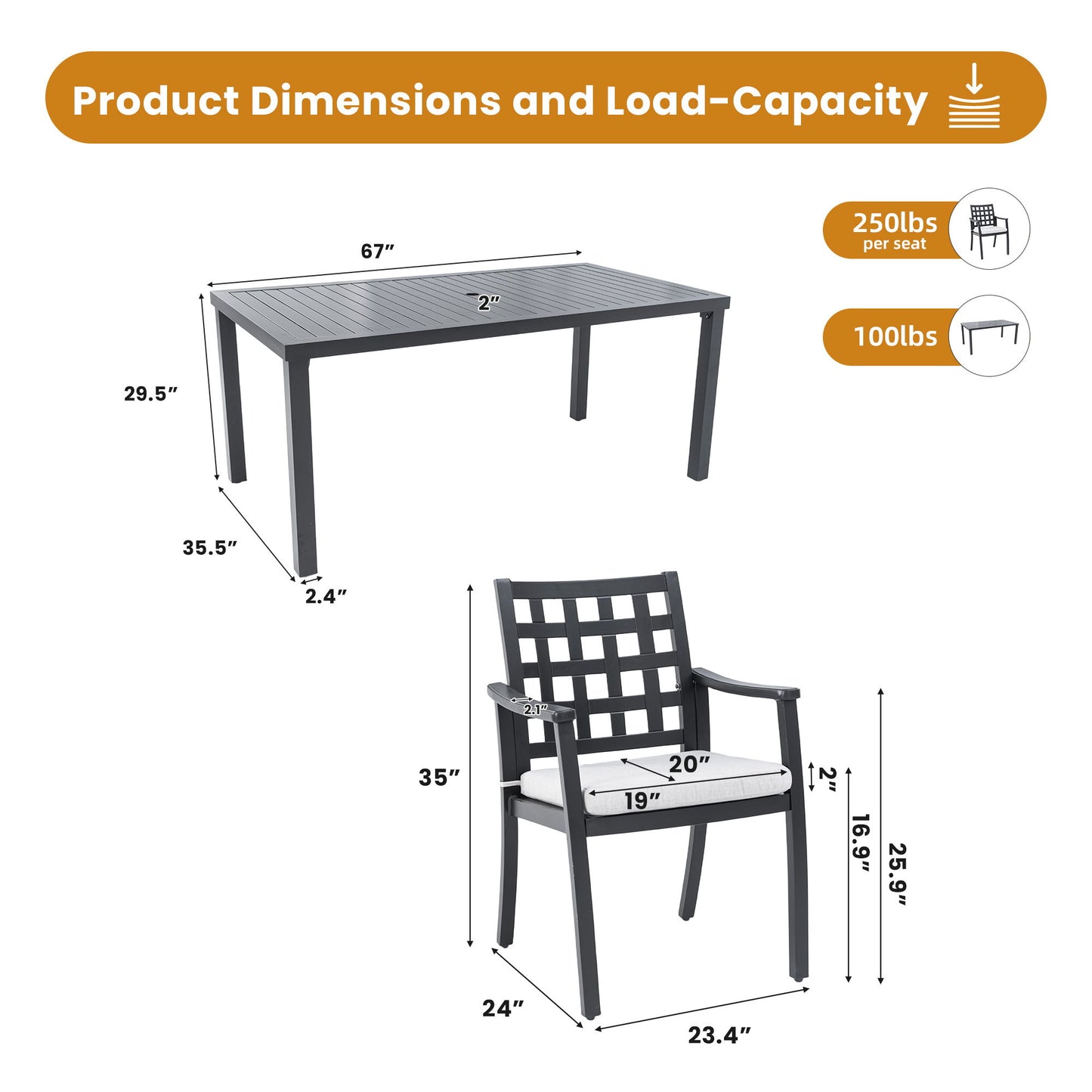 7 Pieces Outdoor Patio Dining Set, Rectangular Table And 6 Stationary Dining Chairs, Cast, Rust Free, Sunbrella Cushions, Weather Resistant - Ember Black