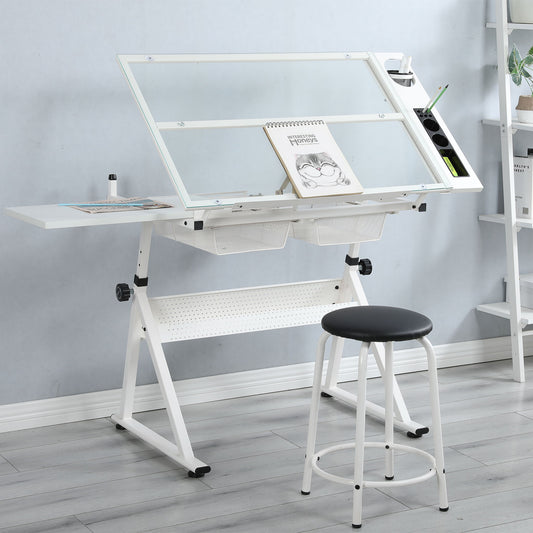 Adjustable Tempered Glass Drafting Printing Table With Chair