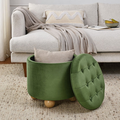 Modern Round Linen Storage Ottoman With Table Top Lid And Storage Space