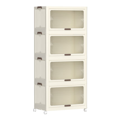 4 Tier Plastic Storage Bins With Lids, 230Qt Capacity, Stackable And Collapsible With Wheels - Cream White