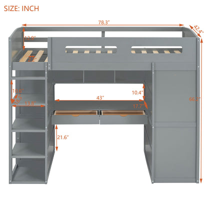 Loft Bed With Desk, Wardrobes, 4 Drawers And 4 Shelves