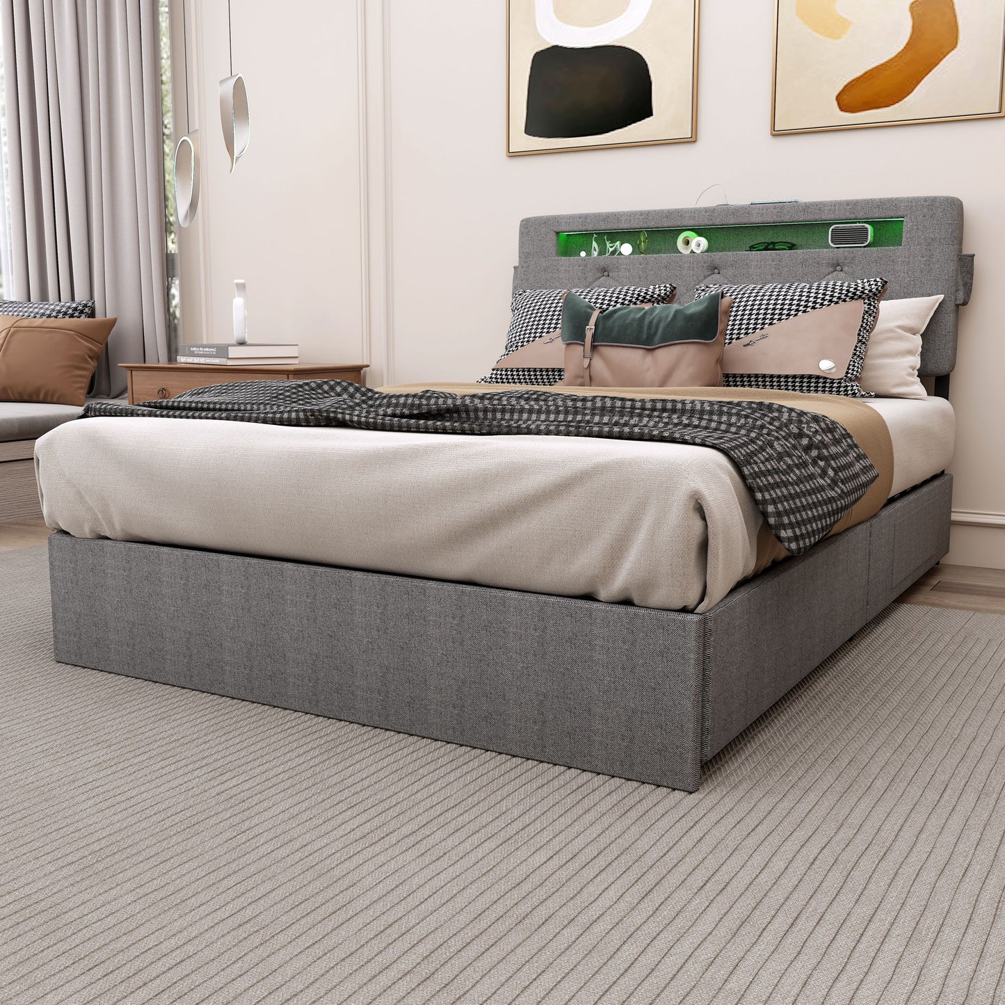 Bed With USB Charging Station, LED Lights, Headboard & Storage Drawers
