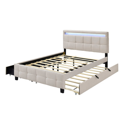 Upholstered Platform Bed With LED Frame, With Trundle And 2 Drawers
