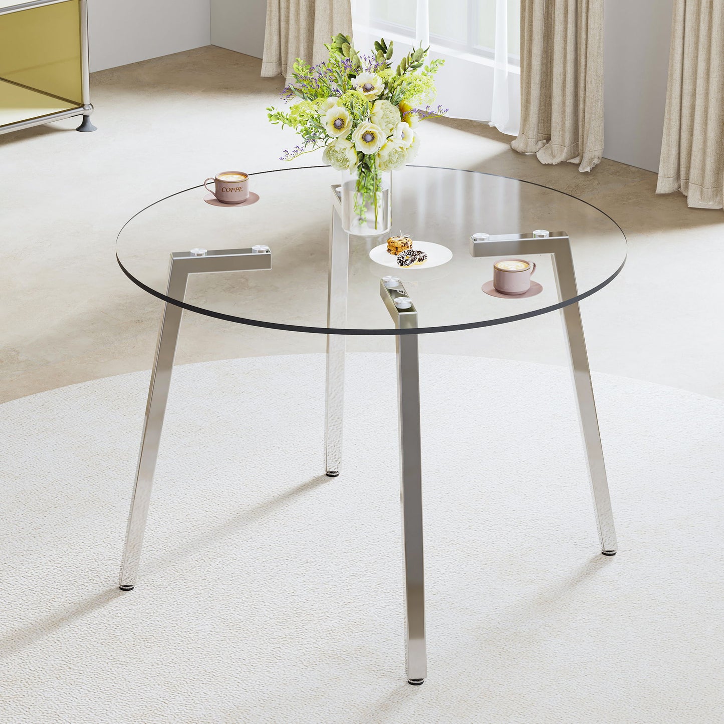 Modern Minimalist Circular Transparent Tempered Glass Table With Metal Legs For Kitchen And Dining Room - Silver / Transparent