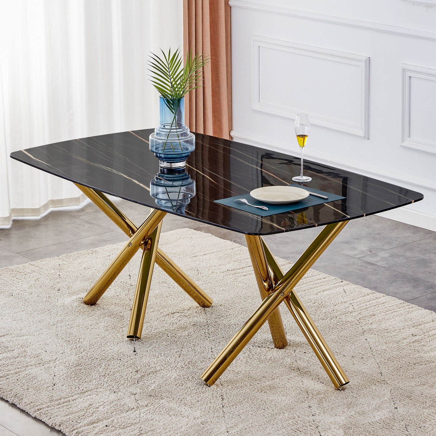 Modern Minimalist Rectangular Dining Table With Imitation Marble Glass & Metal Legs - Black / Gold