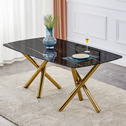 Modern Minimalist Rectangular Dining Table With Imitation Marble Glass & Metal Legs - Black / Gold