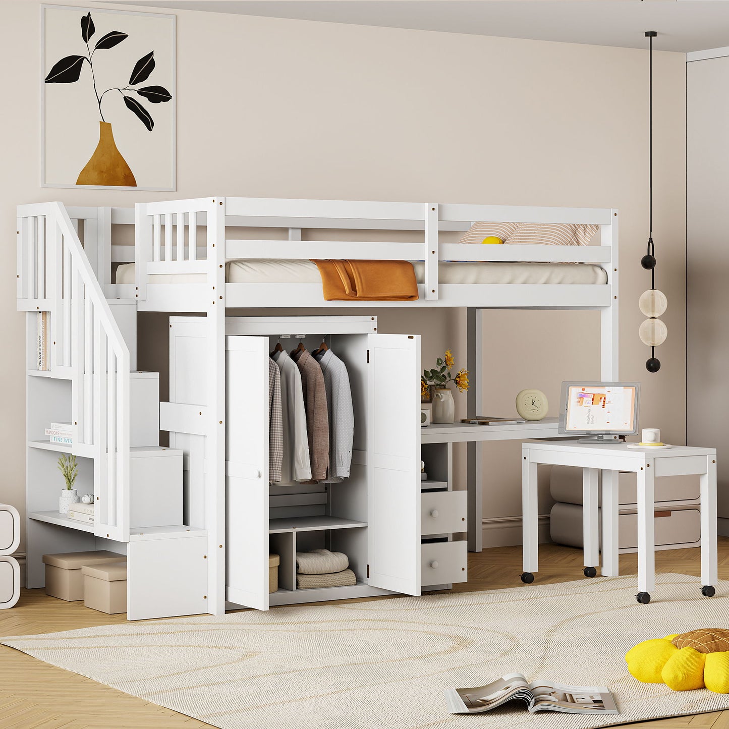 Loft Bed With Stairs, Bookshelf, Drawers, Desk & Wardrobe, Space Saving Multifunctional Furniture