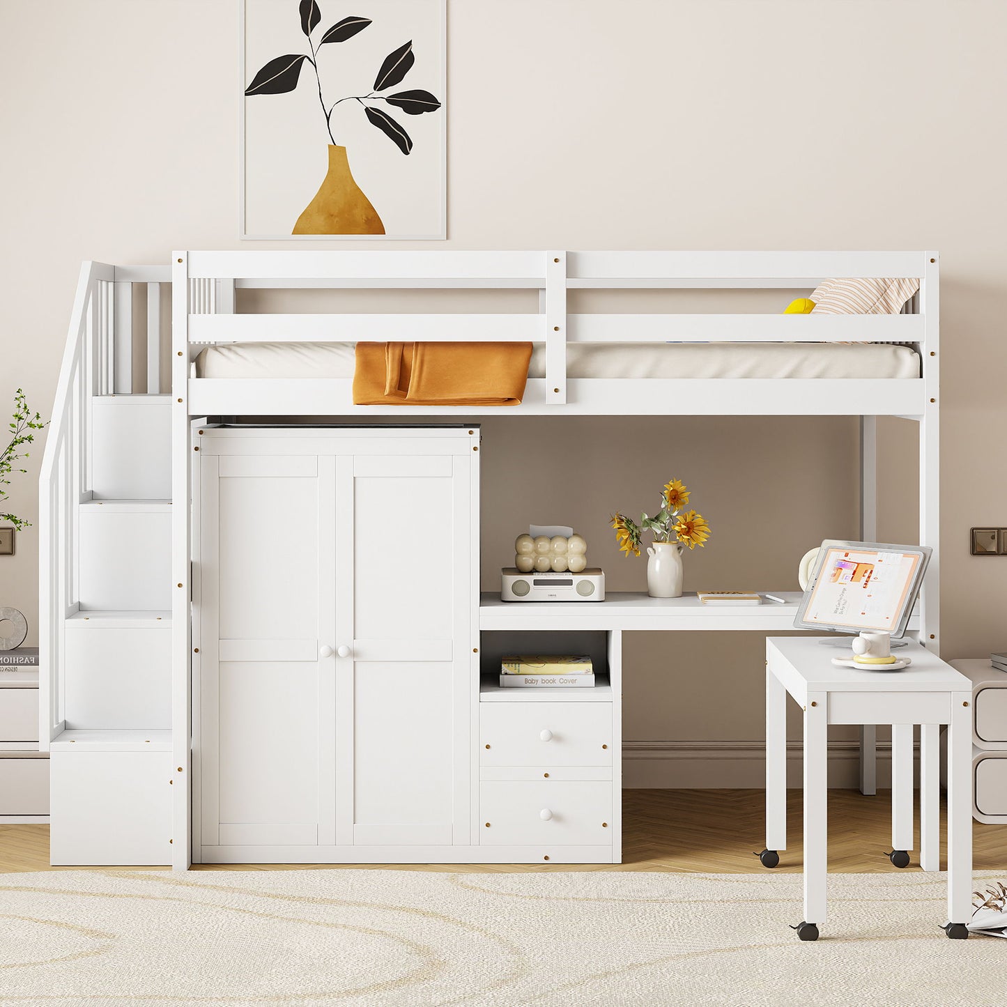 Loft Bed With Stairs, Bookshelf, Drawers, Desk & Wardrobe, Space Saving Multifunctional Furniture