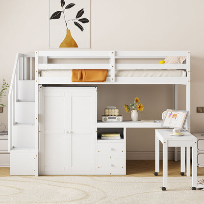 Loft Bed With Stairs, Bookshelf, Drawers, Desk & Wardrobe, Space Saving Multifunctional Furniture