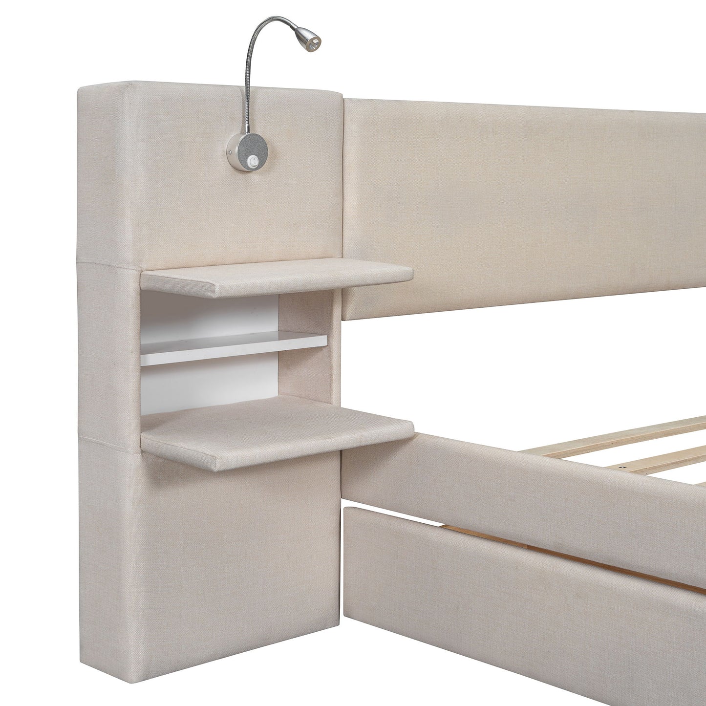 Queen Size Upholstered Platform Bed With Reading Lights, Drawers, Trundle And Shelves - Beige