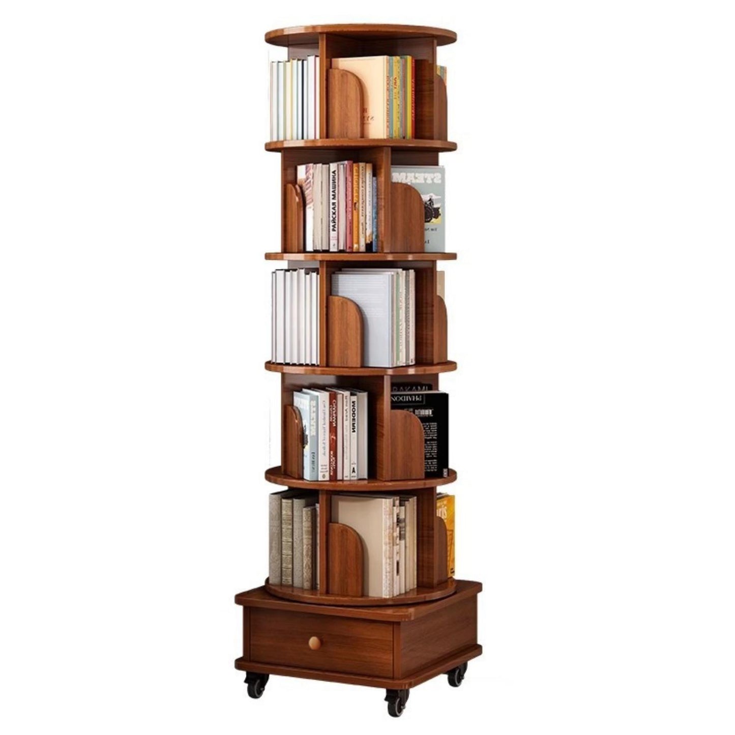 6 Tier Rotating Bookshelf With Wheels, 360° Wood Corner Bookcase Organizer For Small Spaces - Walnut Brown