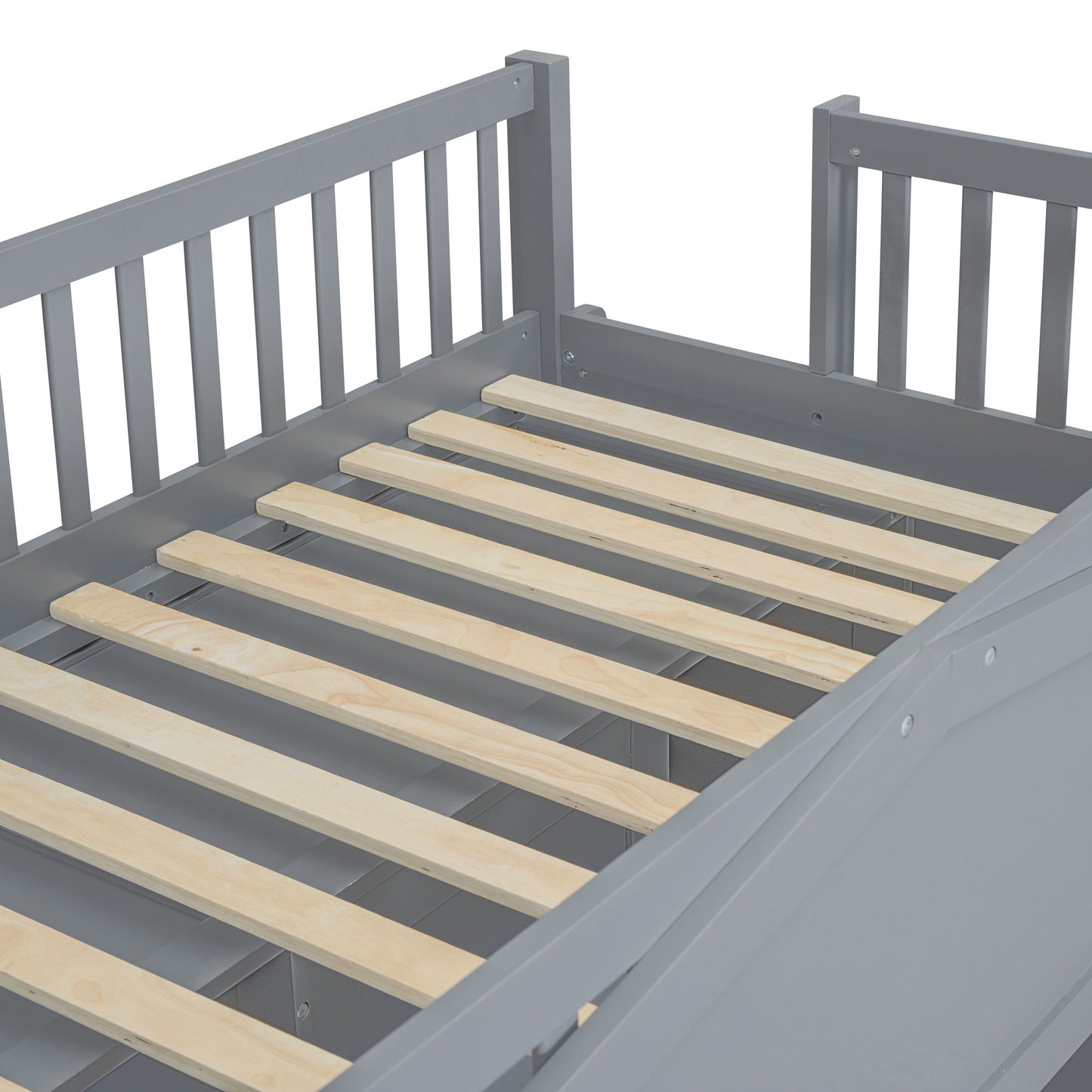 Twin Size House Loft Bed With Ladder And Wardrobe - Gray