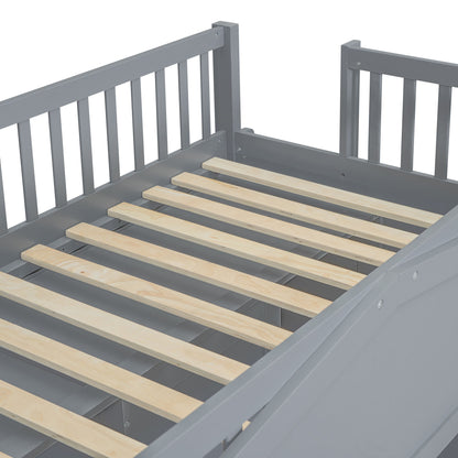 Twin Size House Loft Bed With Ladder And Wardrobe - Gray