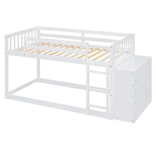 Twin Over Twin Classic Bunk Bed With 4 Drawers And 3 Shelves - White