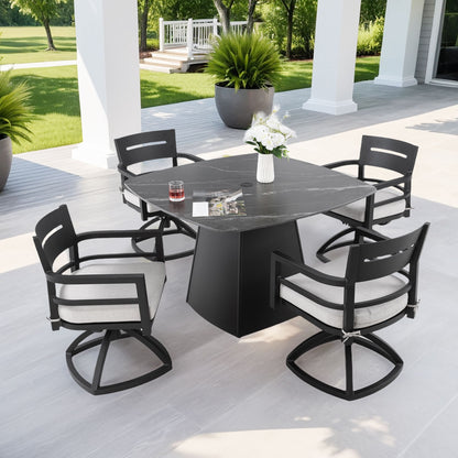 5 Piece Outdoor Pedestal Dining Set, Rounded Square Table With Flared Base And 4 Swivel Rockers - Ember Black
